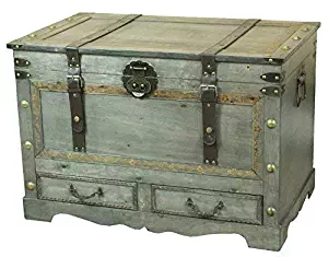 Rustic Gray Large Wooden Storage Trunk Coffee Table with Two Drawers