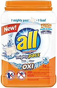 all Mighty Pacs Laundry Detergent with OXI Stain Removers and Whiteners, Free Clear, Pouch, 56 Count