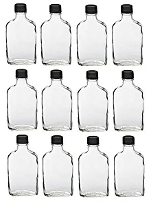 Nakpunar 12 pcs Glass Flask Bottles with Black Tamper Evident Cap - 200 ml