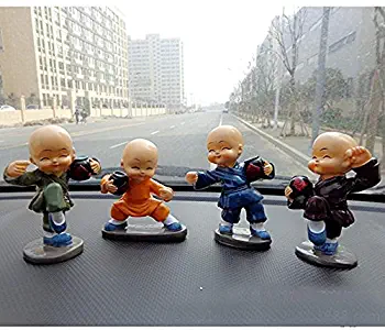 XuBa 4Pcs/Set Car Decoration Drunken Kung Fu Cartoon Little Monk Doll Auto Dashboard Car Ornament Toy Gift for Men and Women