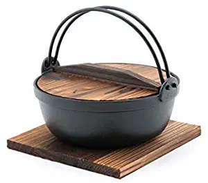 Fuji Merchandise Japanese Style Cast Iron Sukiyaki Tetsu Nabe Pot with Wooden Lid and Tray Quality Enamel Coating (58 fl. oz) 8.5" Diameter