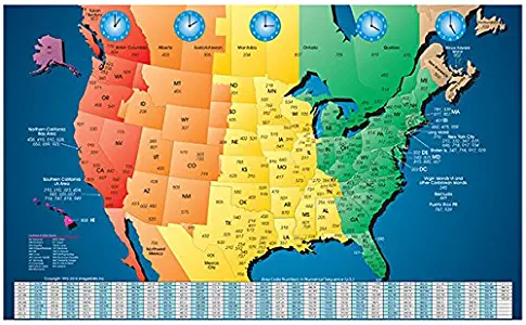 North America Laminated Gloss Full Color Time Zone Area Code Map incudes Reverse Lookup Desk Size Large 11 x 17