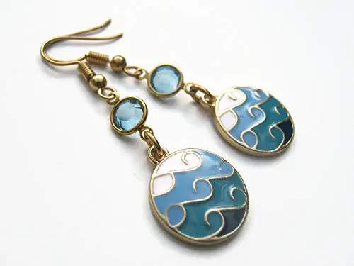 Ocean Wave Birthstone Earrings, Gold Tone Beach Earrings, Personalized Nautical Jewelry, Ombre Enamel