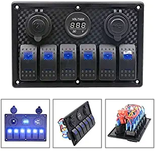 DCFlat 4/6/8/10 Gang Circuit LED Car Marine Waterproof 5 Pin Boat Rocker Switch Panel with Fuse Dual USB Slot LED Light + Power Socket Breaker Voltmeter for RV Car Boat