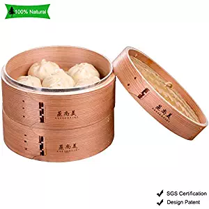 Wooden Bamboo Steamer Basket 8" Pot with Knitted Wicker Lid, 2 Tier Tray for Kitchen Food Steamed Rice Dumpling Fish Vegetable Cooking Dim Sum Chinese Traditional Cookware