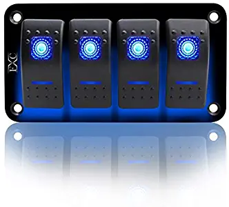 FXC Rocker Switch Aluminum Panel 4 Gang Toggle Switches Dash 5 Pin ON/Off 2 LED Backlit for Boat Car Marine Blue