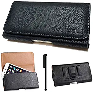 for BLU Dash 5.0 D410a Sideways Black Leather Sleeve Case Belt Clip Holster Pouch ZW+Stylus Pen (by All_Instore)