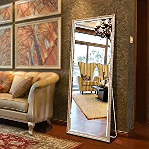 H&A Full Length Floor Mirror with Standing Holder, Wall-Mounted Dressing Mirror Wood Frame 65’’x24'’
