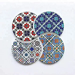 Absorbent Ceramic Trivet/Coaster Set with Cork Base, Set of 4 Modern Moroccan Boho Table or Bar Coasters, Also Used as Kitchen Pot Holders, Hot Pad or Trivets for Hot Dishes, Pots and Pans, 4.25"in