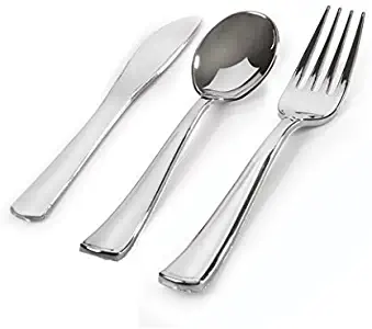 Plastic Silverware Set – 360 Pcs Disposable Silver Cutlery – 120 Heavyweight Forks, 120 Fancy Spoons, 120 Knives – Heavy Duty Flatware Party Utensils for Wedding, Christmas, Birthday & All Occasions