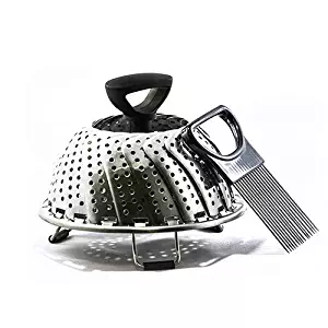 Premium Vegetable Steamer from Utencil – 3 Compartment Stainless-Steel 11 Inch Steamer – Food Steamer with Foldable Basket – Perfect for Veggies, Fish, Seafood, and More – Includes Onion Slicer