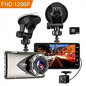 Dash Cam Car Recorder DVR Tvird 1296P Full HD Vehicle Camera with 4-Inch LCD,Night Vision,Wide Angle Lens,Motion Detection,WDR,G-Sensor,Loop Recording,16G SD Card Included