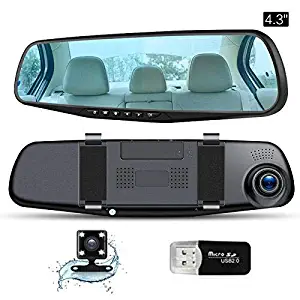 JD Dual dash cam 4.3" Mirror Dash Cam 1080P HD Car Video Recorder Front Rear Dual Lens Car Camera with G-Sensor, Loop Recording, SOS, Microphone