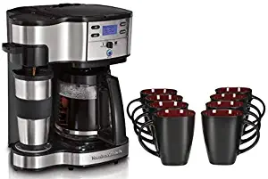 La Rosticceria 2-Way Brewer Single Serve Coffee Maker and Full 12 Cup Coffee Pot bundle with Soho Lounge 8 Piece Mug Set, Red/Black
