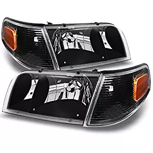For Ford Crown Victoria Black Replacement Headlights W/Corner Lamps 4pc Left + Right Pair Set