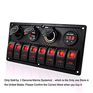 6/8 Gang Rocker Switch Panel for RV Marine Car Vehicles Truck Boat Fuse Panels Waterproof Digital Voltmeter Display Dual USB Charger Port DC 12V Socket 12/24V Red/Blue/Orange Lighted Breaker Switches