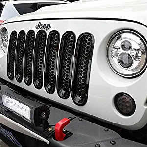 [Upgrade Clip in Version] 7Pcs Gloss Black Front Grill Mesh Grille Inserts Kit for Jeep Wrangler & Wrangler Unlimited 2007-2015