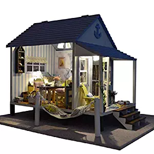 Rylai 3D Puzzles Wooden Handmade Miniature Dollhouse DIY Kit w/ Light-Happiness Coast Series Dollhouses accessories Dolls Houses With Furniture & LED & Music Box Best Birthday Gift for Women and Girls