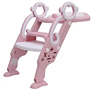 Potty Training Seat with Step Stool Ladder for Kids Children Toddler Toilet Training Seat Chair with Soft Cushion Safe Handles and Non-Slip Wide Steps Sturdy for Boys and Girls (Pink White)