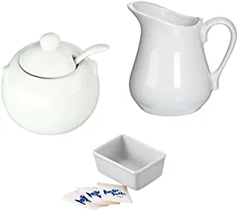 Porcelain White Creamer and Sugar Bowl with Lid & Spoon Plus Sweetener Packets Holder - Set of 3