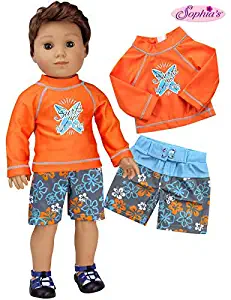 Sophia's Bathing Suit and Rash Guard for 18 inch Boy Doll | Orange Surf Shirt and Floral Print Swim Trunks
