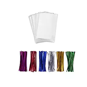 200 Treat Bags 3x4 with 200 Twist Ties 4" 6 Mix Colors - 1.4 mils Thickness OPP Plastic Bags for Lollipop Candy Cake Pop Chocolate Cookie Wrapping Buffet