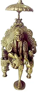 CraftHut Beautiful Brass Statue/Idol Shirdi Sai Baba with Chair and Chatra Showpiece, Lxbxh-9.0 X7.0 X15.0 Cms, Weight- 900 Grams