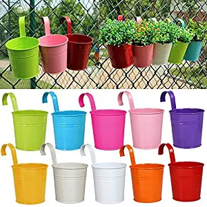 Hanging Flower Pots, Garden Pots Balcony Planters 10 Piece Colorful Wall Hanging Metal Iron Fence Bucket Flower Holders
