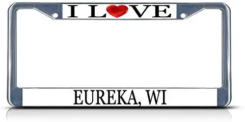 Cukudy Car Auto Tag Holder Chrome I Love Heart Eureka Wi Aluminum Metal License Plate Frame Silver