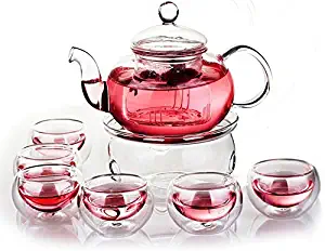 Glass Filtering Tea Maker Teapot with a Warmer and 6 Tea Cups (251511cm, red1)