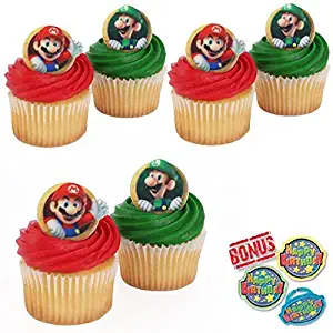 Bundle of Fun Super Mario Bros Cupcake Toppers and Bonus Birthday Ring - 25 Pieces