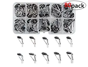 WGCD 80 PCS Fishing Rod Guides Fishing Rod Parts Tip Repair DIY Set Kit 10 Sizes in a Box (Silver)