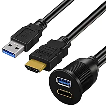 USB 3.0 and HDMI to HDMI + USB3.0 AUX Extension Dash Panel Waterproof Car Flush Mount Cable for Car Boat and Motorcycle - 2M