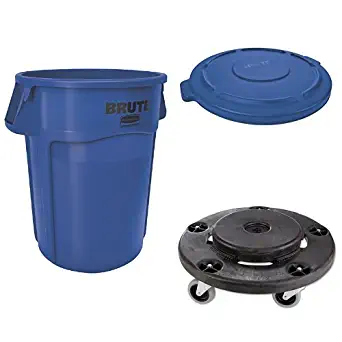 Rubbermaid Commercial BRUTE Container with Venting Channels and Lid, Blue, 55 Gallon,and Dolly (1779732, 1779733 & FG264000BLA)