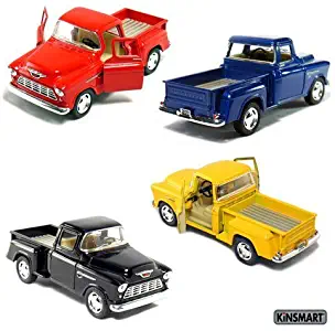 Set of 4 die-cast Chevy Stepside Pick-Up 1/32 Scale, Pull Back Action Cars.