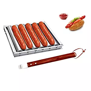 i Kito Charcoal Stainless Steel Hot Dog Sausage Roller Rack Steamer with Extra Long Wood Handle New BBQ Tools 5 Section Brat Griller