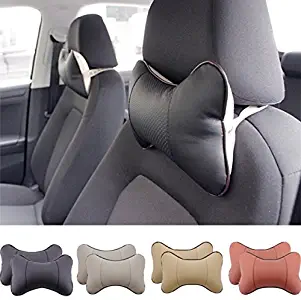 TRUE LINE Automotive 2 Piece Car Seat Leather Headrest Neck Pillow Dog Bone Shape Rest Cushion (Beige)