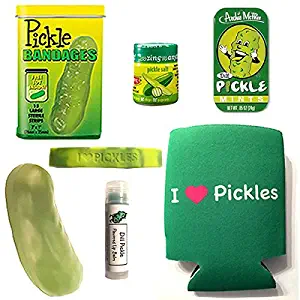 Deluxe Pickle Lovers Gift Pack (7pc Set) - Pickle Bandages, Lip Balm, Mints, Stress Toy, Can Cooler Insulator, Wristband & Dill Pickle Salt