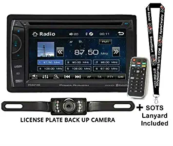 Power Acoustik PH-620 6.2" Double Din in Dash DVD Receiver with License Plate Style Backup Camera and Sots Lanyard Bundle