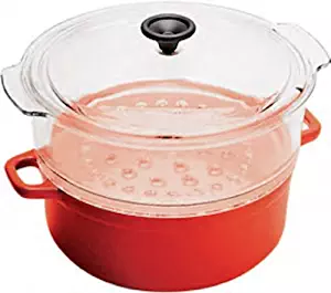 World Cuisine 4 quart red enamel cast-iron steamer with a tempered glass colander and a tempered glass lid