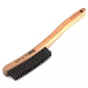 Forney 70504 Wire Scratch Brush, Carbon Steel with Curved Wood Handle, 13-3/4-Inch-by-.014-Inch