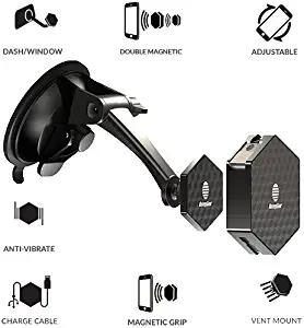 HoneyGear Flux-Field Pro | Magnetic Portable Retractable Cable + Magnetic Car Vent, Dash, Universal Phone Holder | Choose Color & Cable Type | White, Black, USB-Type-C, Micro-USB, 8-pin Connector