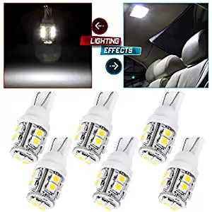 cciyu (Total of 6Pcs) T10 White 168 194 2825 W5W 10 SMD LED Car Interior Light Lamp Bulbs DC 12V Replacement fit for 2010-2012 Lexus HS250h