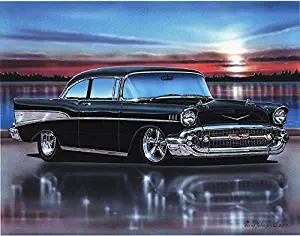 1957 Chevy Bel Air 2 Door Sedan Hot Rod Car Art Print Black 11x14 Poster