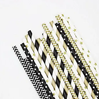 Present Avenue Hollywood New years holiday paper straws in polka dot stripe and star design, Pack of 150