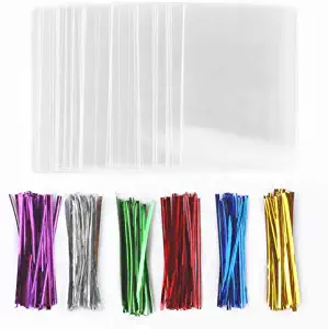 J1L 200 Treat Bags (3x4 In) with 200 Twist Ties (4 In, 6 Mix Colors), Super Cute Tiny Cellophane Treat Bags, Great Party Favor Bags for Lollipop, Candy, Cookie, Chocolate, Small Treats
