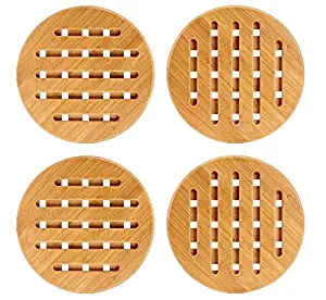 Weikai 11 Set of 4, Solid Bamboo Wood Trivets with Non-Slip Pads for Hot Dishes and Pot (7" Round)