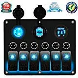 DCFlat Overload Protection 6 Gang Waterproof Car Marine Boat Circuit LED On/Off Toggle Rocker Switch Panel with Fuse Digital Voltmeter + 12V Cigarette Socket + Double USB Power Charger Adapter