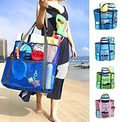 Yerflew Large Capacity Mesh Beach Bag Folding Storage Bag Tote Shoulder Bags