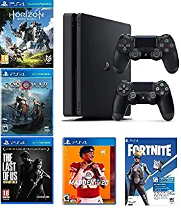2019 Playstation 4 Slim PS4 1TB Console + Two Dualshock-4 Wireless Controllers + (Madden NFL 20, The Last of US, etc, Fortnite) Bundle